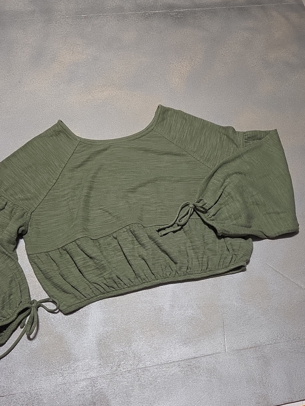 aerie Olive Green Cropped Peasant Top with Tie Sleeves